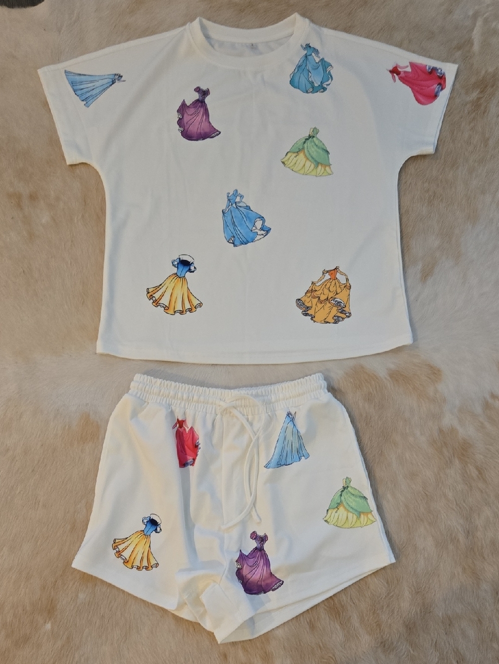 White Two-Piece Lounge Set with Disney Princesses Dress Prints